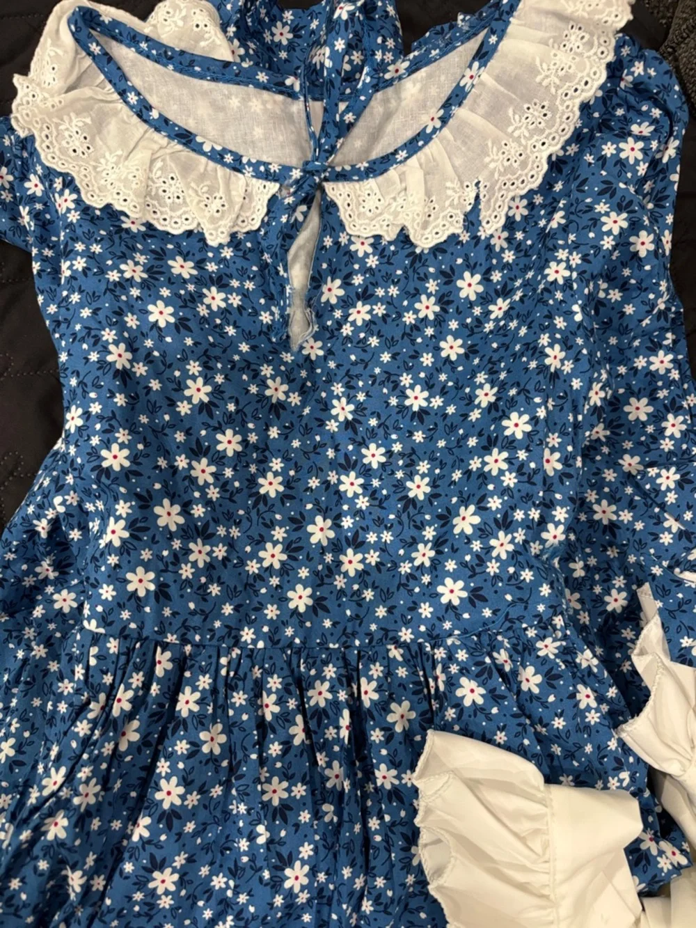 Blue Floral Pioneer Girl Costume with White Apron and Bonnet